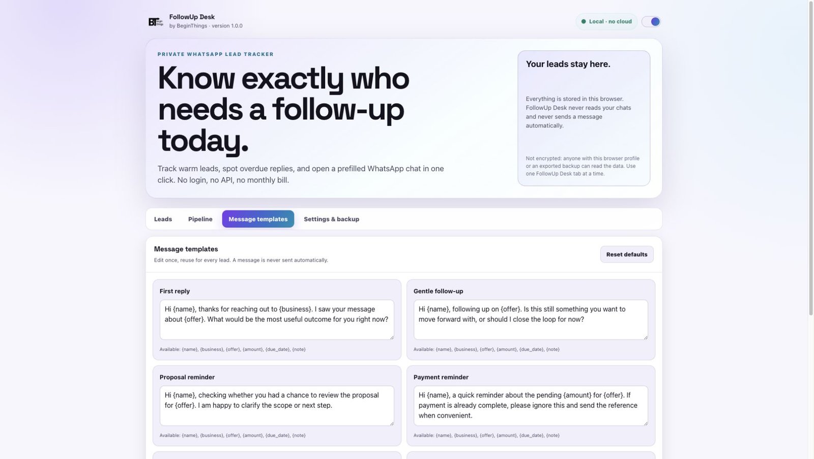 Actual FollowUp Desk interface showing its message templates