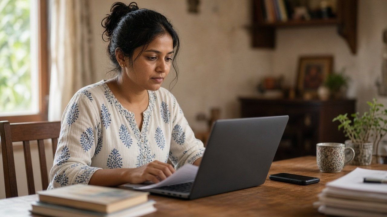 A person reviewing a document privately on a laptop at home