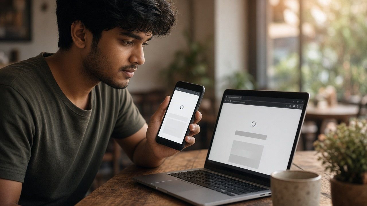 A web developer testing a site on a phone and laptop