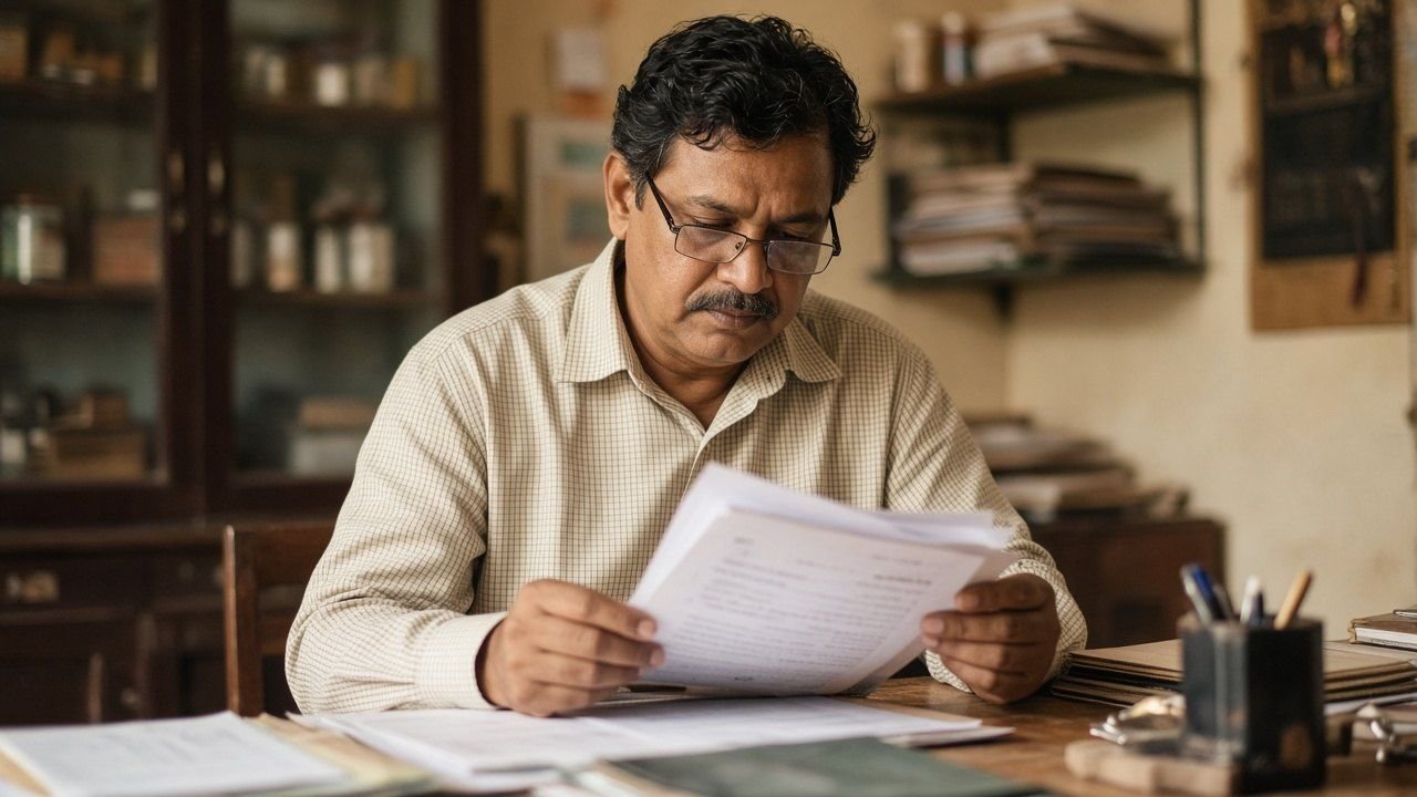 A small-business owner reviewing invoices at a desk