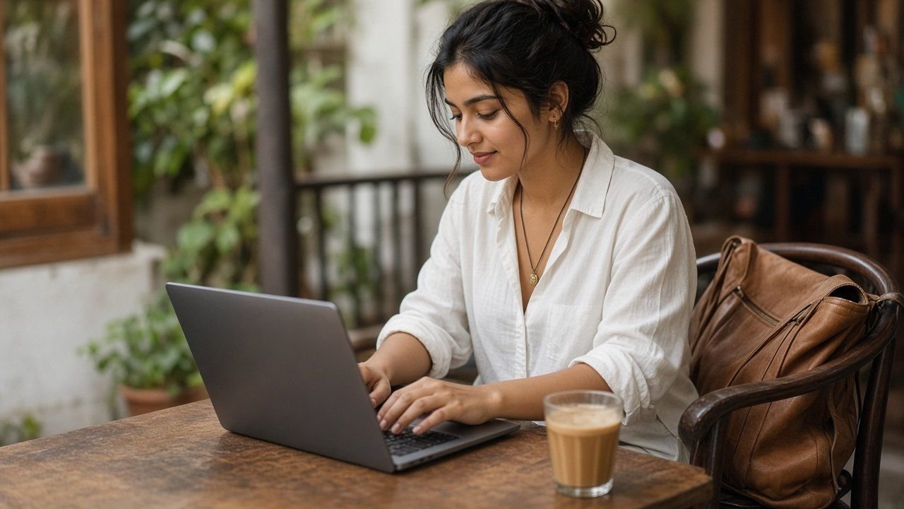 A person quickly using a browser tool on a laptop at a café