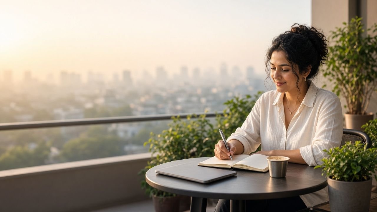 A person planning a focused work session over morning coffee