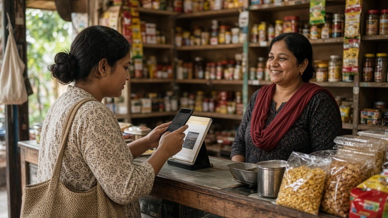 A customer scanning a code at a shop counter with a phone