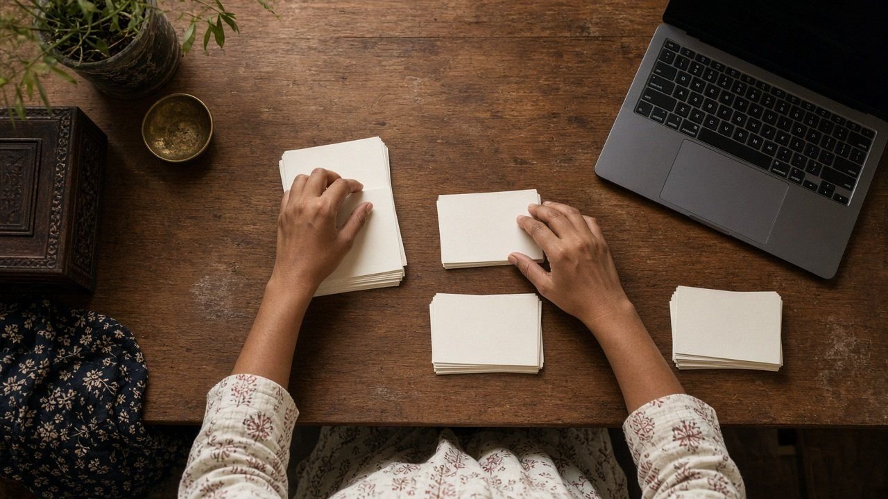 A person arranging project notes on a desk to see the whole picture