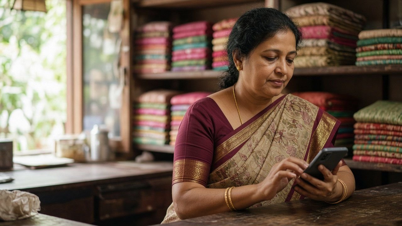 A shop owner chatting with customers on a phone in her store