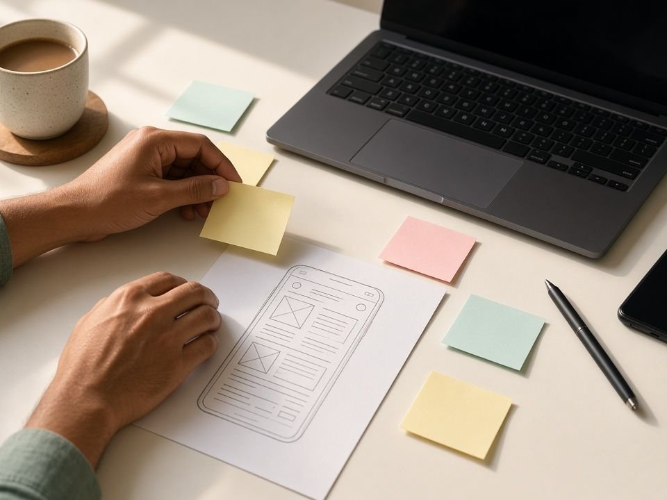 Hands arranging pastel sticky notes beside a wireframe sketch, with a laptop and coffee on the desk