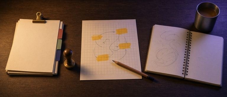 A walnut desk at night with a payment-terms guide, a pencil-marked spreadsheet and an open workbook, side by side