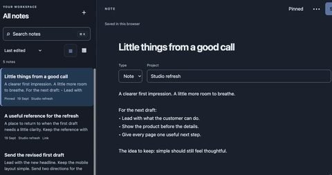 BeginNotes with a sample note titled Little things from a good call, saved in a sample project with its related next action in the list.