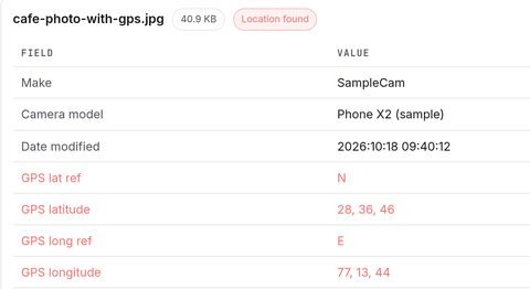The BeginThings photo metadata remover listing a sample photo’s camera, date and GPS latitude and longitude, with a Location found warning.