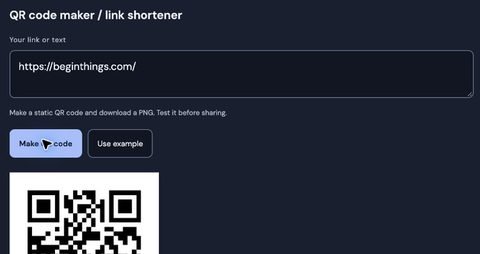 The BeginThings QR generator showing a static QR code made for the public BeginThings homepage, with a Download QR PNG button.