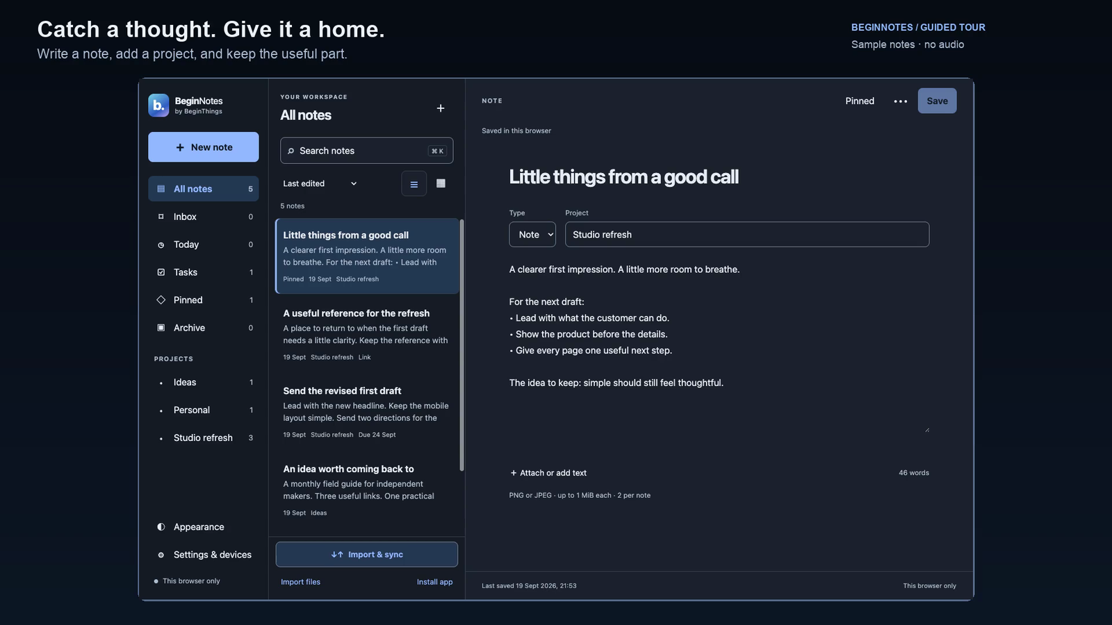 BeginNotes with a sample studio-refresh note, project and related next action