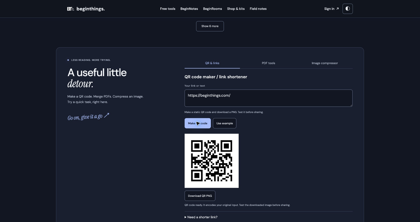 Actual BeginThings QR generator showing a code for the public BeginThings homepage