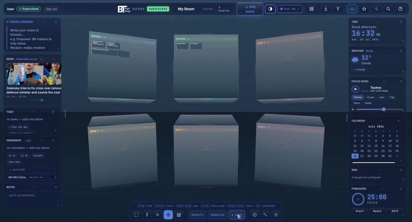 BeginRooms interface with 3D project cubes and workspace widgets