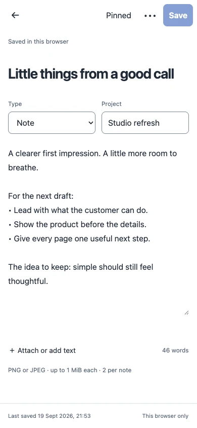 The same BeginNotes editor in a narrow mobile browser layout.